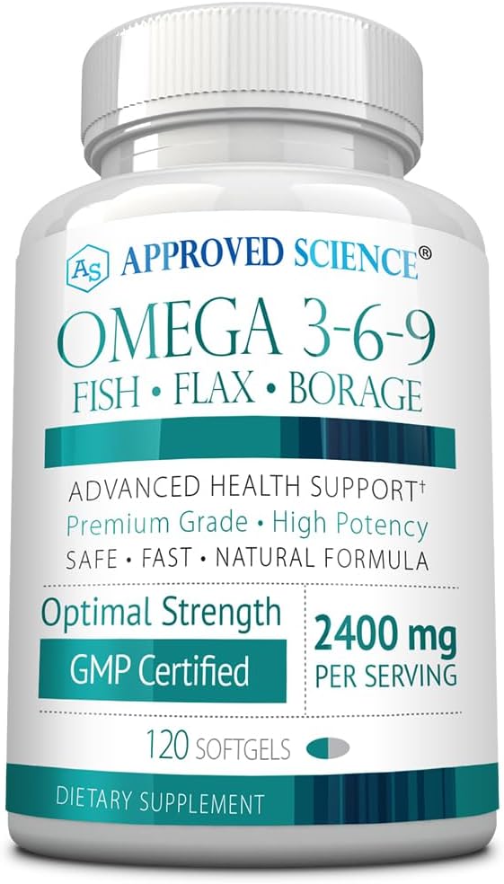批准科学 Omega 3-6-9-2400mg Daily Blend of Fish, Flaxseed, 以及含有维生素E的Borage油 - 健康支持 - 非GMO,无汞 - 120软胶 - 2个月供应