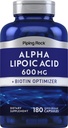 螺旋岩 Alpha Lipoic Acid 600mg + 180 Capsules + 生物素优化剂 + ALA 补充剂 → 非 GMO, Gluten Free