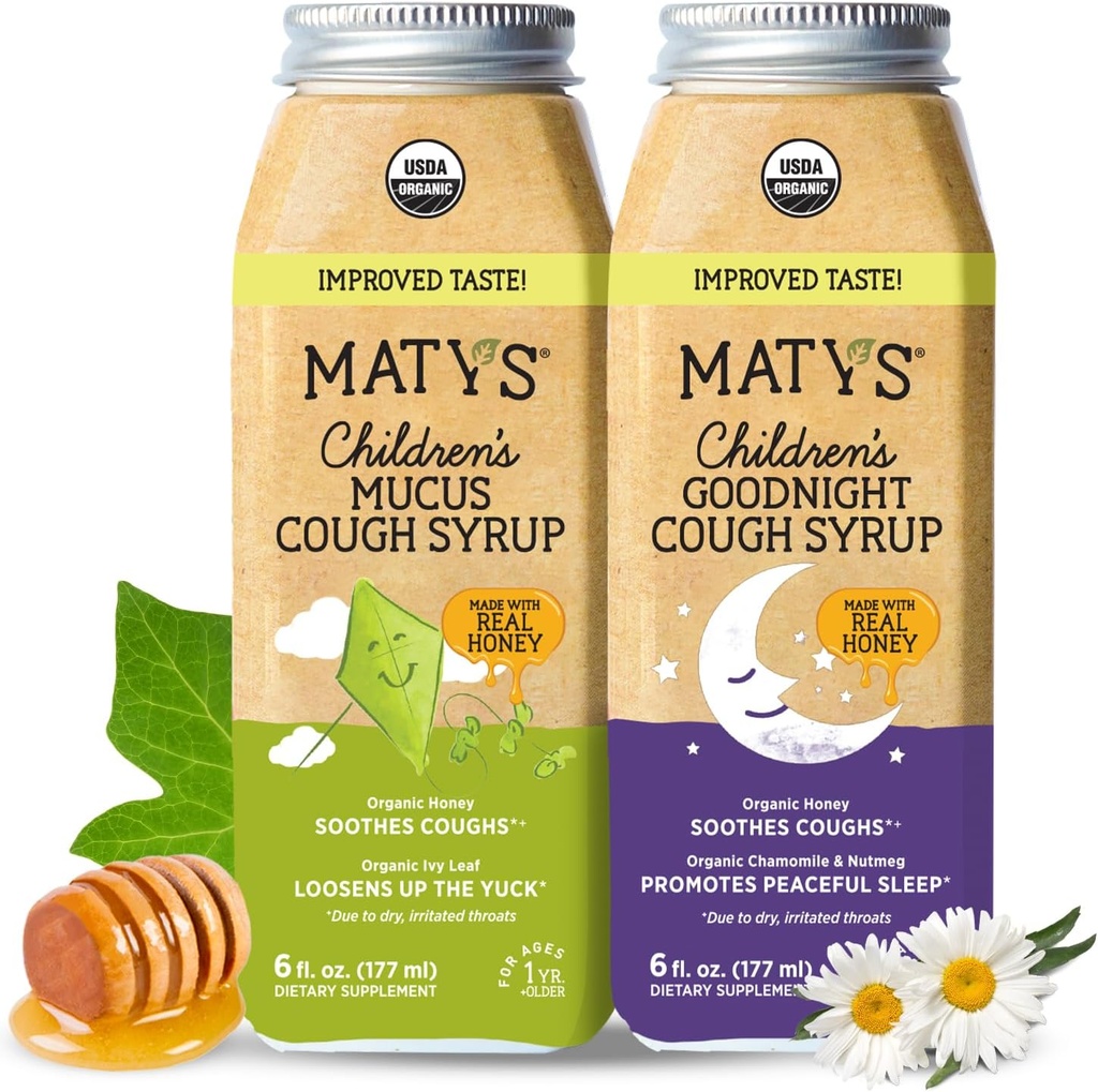 Matys Organization Kids Cough Syrup Mucus & Nighttime Pack for Children 1 Year + Up, Soothing All-in-One Cough and Mucus Relief w/Zinc & Orthic Ivy Leaf, Melatonin & Dye Free, 2 Pack, 6 Fl Oz 每人) 有机儿童咳嗽(Syrup Mucus & 夜间值包,1年以上,安抚全方位咳嗽和Mucus Relief w/Zinc & Ivy Leaf, Melatonin & Dye 免费,2 Pack,6 Fl Oz)