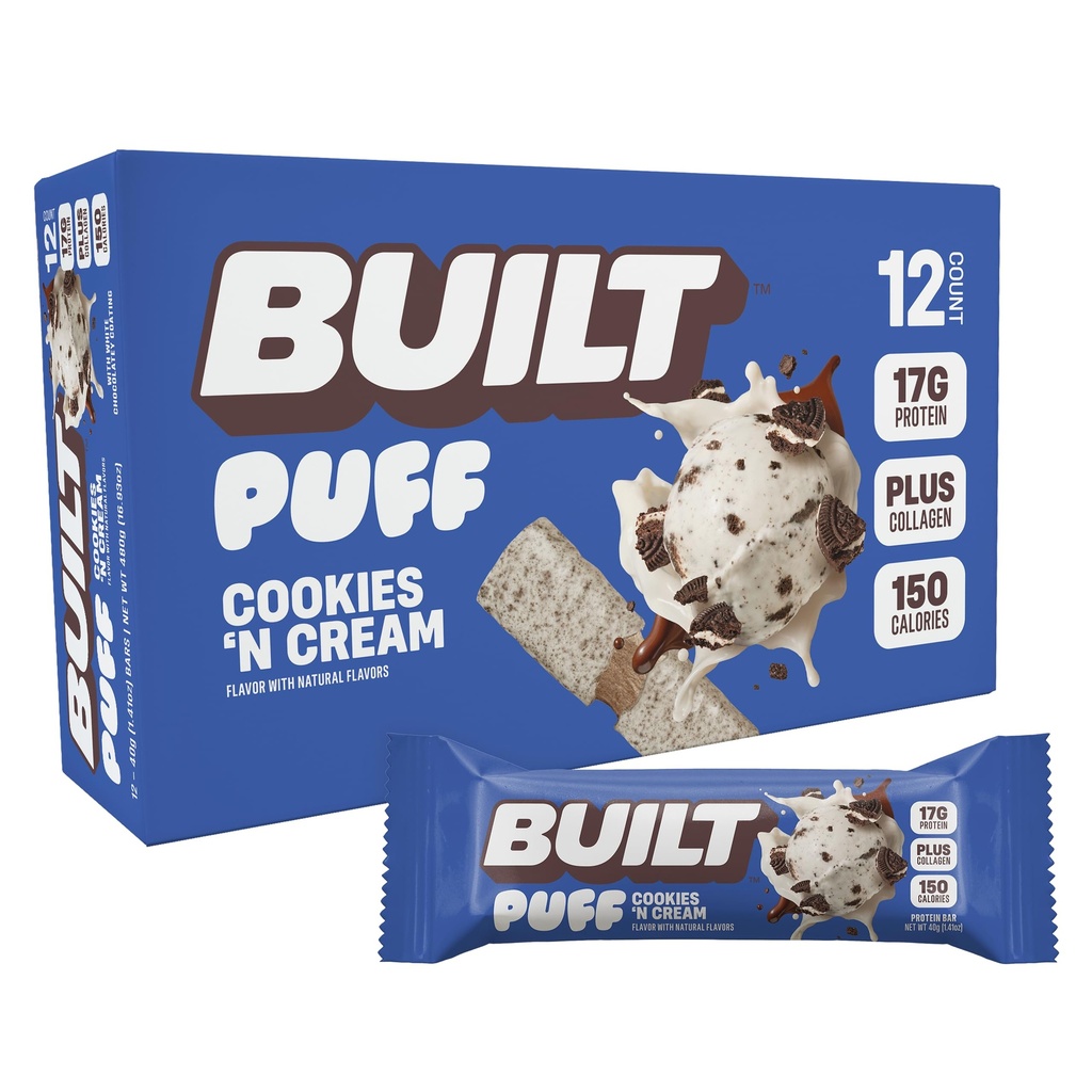 建造了酒吧,Puff蛋白棒,Cookies 'N Cream Puff, 17g 蛋白棒,On-The-Go Bars, 只有140个卡路里, 7g 糖, Collagen, Not Gluten Free, 12个伯爵