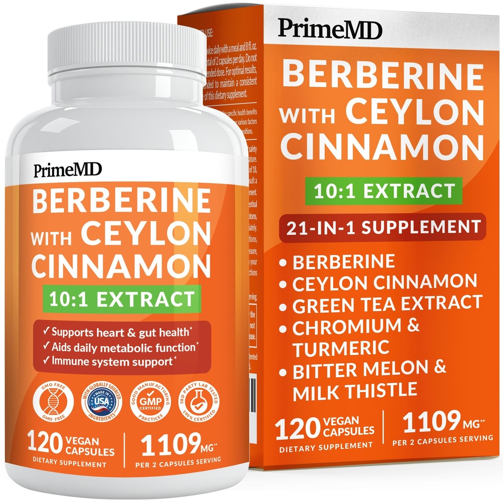 21-in-1 Berberine 补充剂 锡兰肉桂配铬、Bitter Melon 和 Green Tea Explain 和 Black Pepper Explain 5X 能量和代谢支持 配以 5279 mg(120 cm,包装为 1)