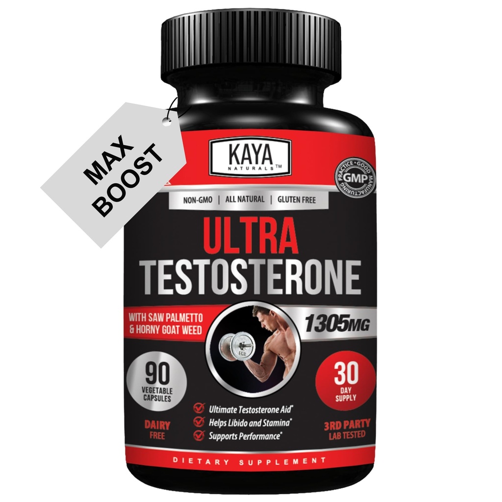 Kaya Naturals Ultra Testosterone - 男子睾丸酮助推器与Tongkat Ali, Horny Goat Weed, Tribulus - 能源、Stamina和强力助推器的自然工作辅助器 - 90个计数器