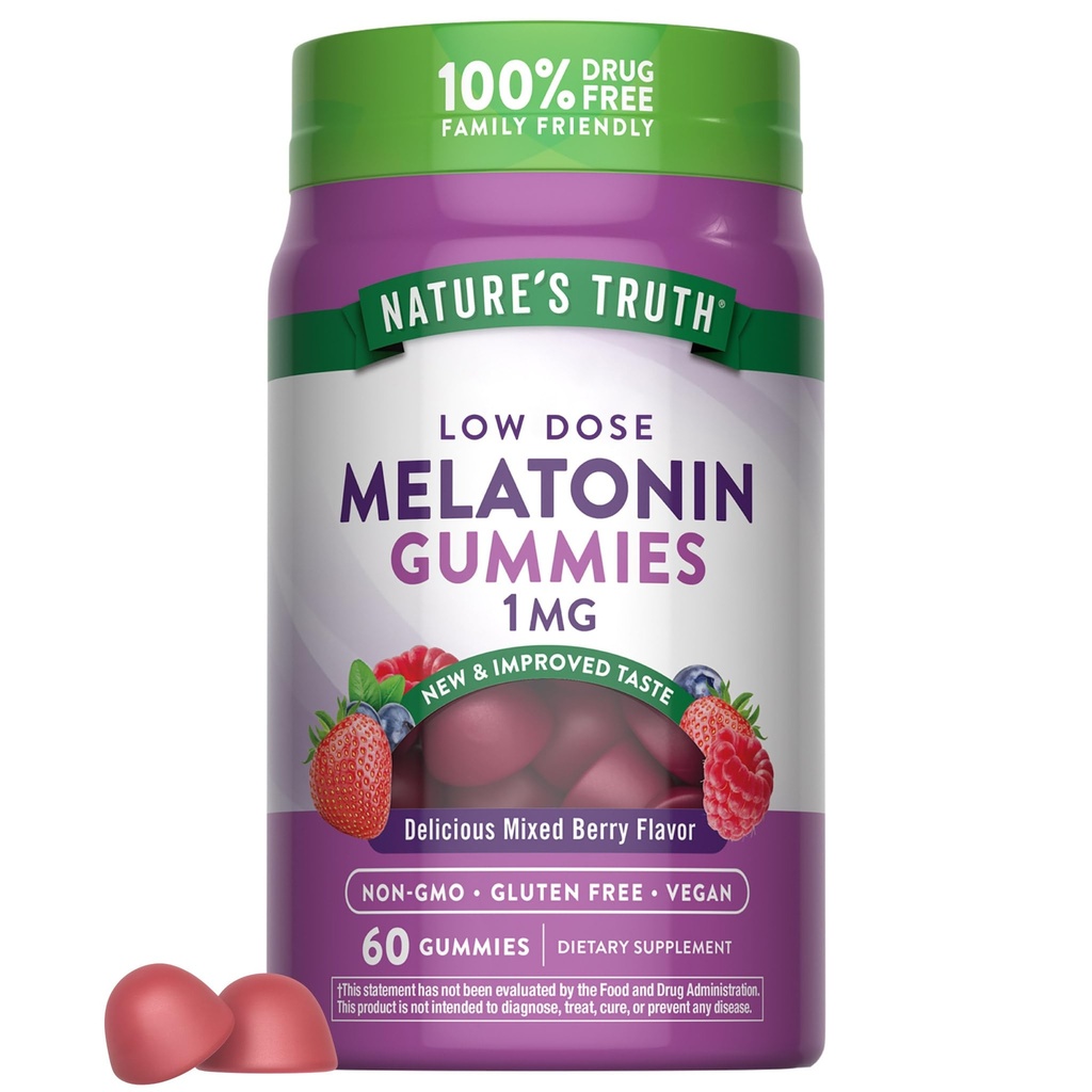 (原始内容存档于2017-10-21). Nature's Truth Melatonin Gummys | 1mg | 60 Count | Cherry Pomegrant Flavor | Vegan, Non-GMO & Gluten Free Supplement