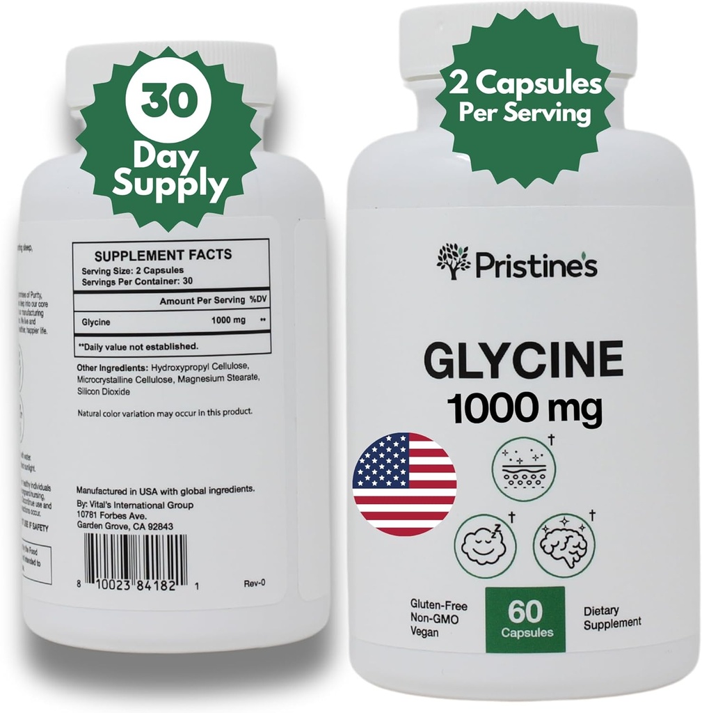旧Label Glycine 1000MG 氨基酸补充剂 睡眠支持 Capsules - 30天供应 - 肌肉恢复、肾脏健康和凝胶形成生产支持