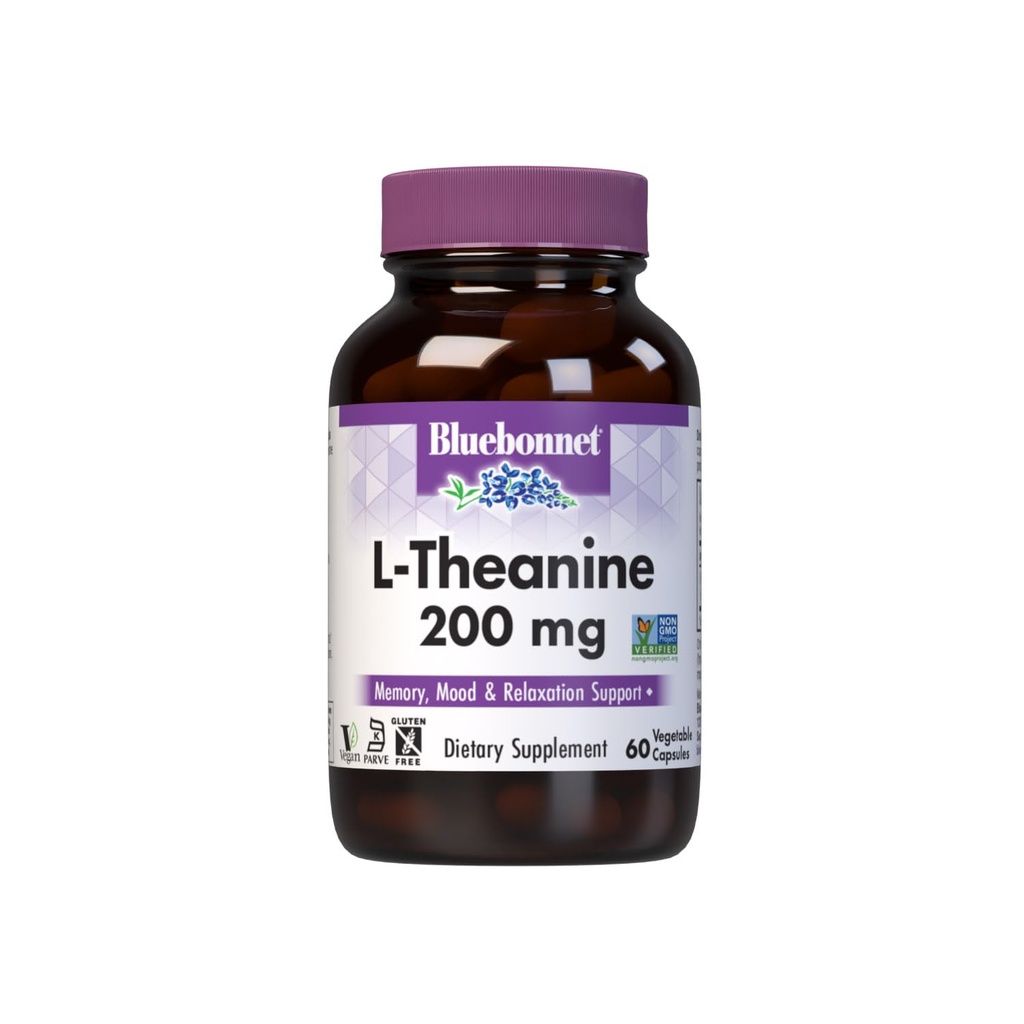 Bluebonnet 营养 L-Theanine 200mg,Free-Form 氨基酸,促进放松 *,无豆,无胶,非GMO,科舍认证,Vegan,60个蔬菜罐头,60个服务