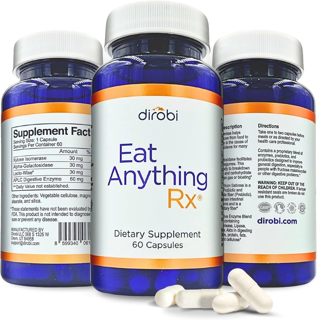 Dirobi Eat Anything Xylose Isomease Fructose Malaboxymes, FODMAP 补充, 消化酶促进更好的乳糖,脂肪,蛋白质和碳水化合物消化气体和布洛丁酸盐 60 Capsules