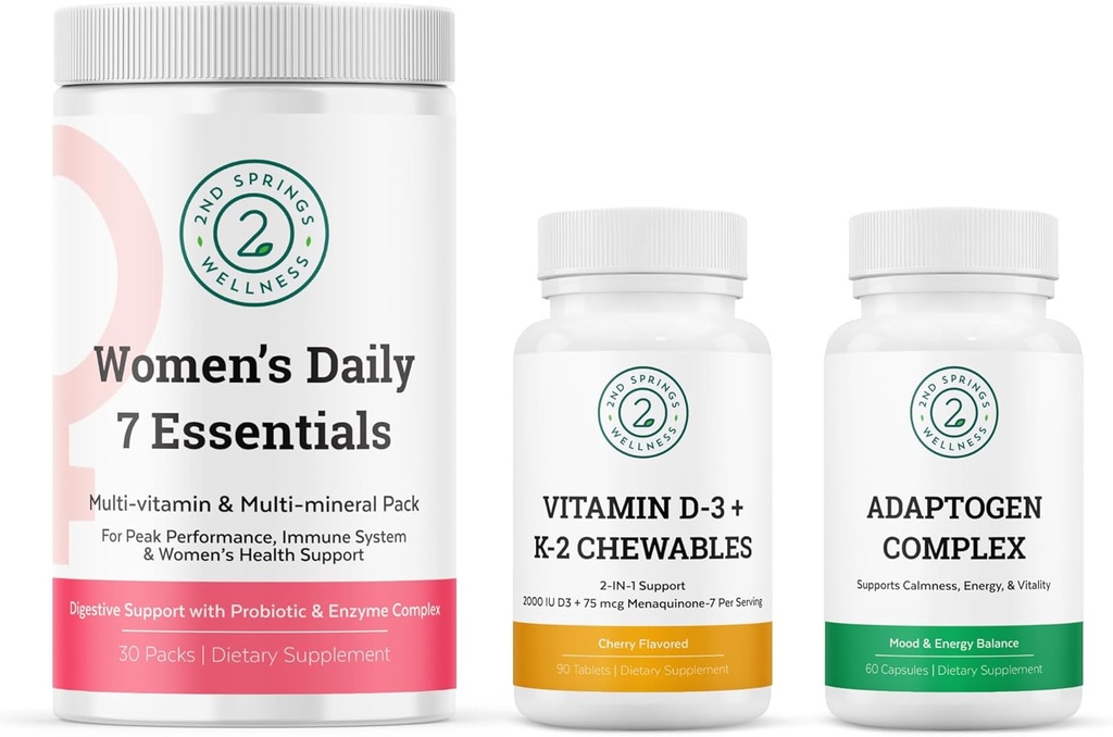 妇女日报 7 基本知识,维生素D3 + K2 Chewables & Adaptogen Complex Bundle