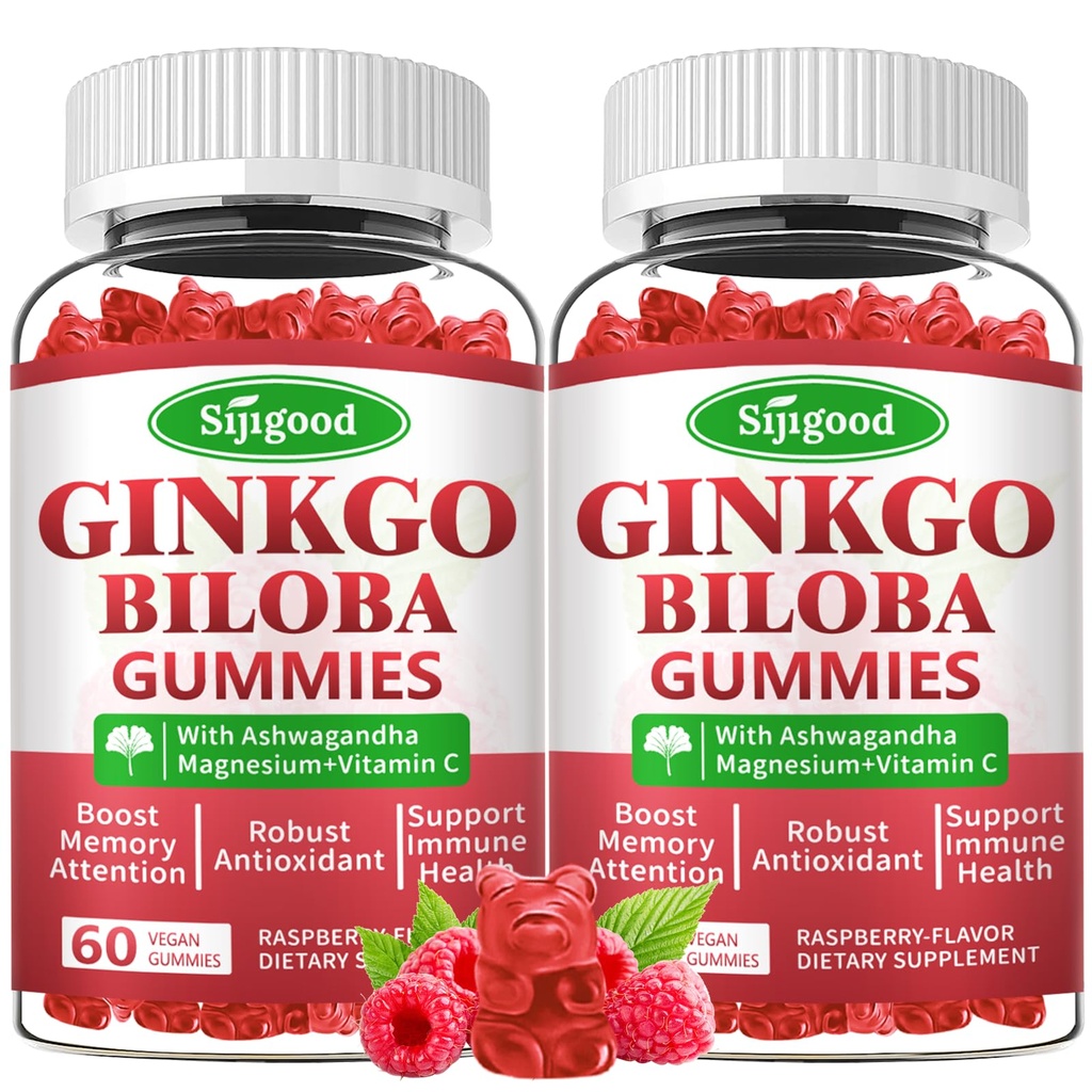 2 Pack Ginkgo Biloba Gummys配有Panax Ginseng和Magnesium,Ginkgo Biloba 成人和儿童的焦点、记忆和脑健康补编,Vegan Raspberry Flavor Gummys,120个伯爵