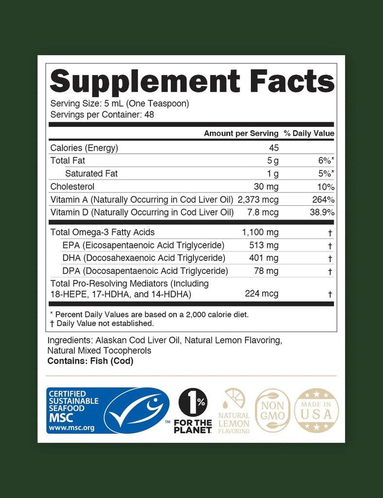 StEWARD - 野生捕捉阿拉斯加液体鳕鱼肝油 8 oz. ^ Omega-3的环保局,DHA,DA和SPMs + 天然维生素A & D.