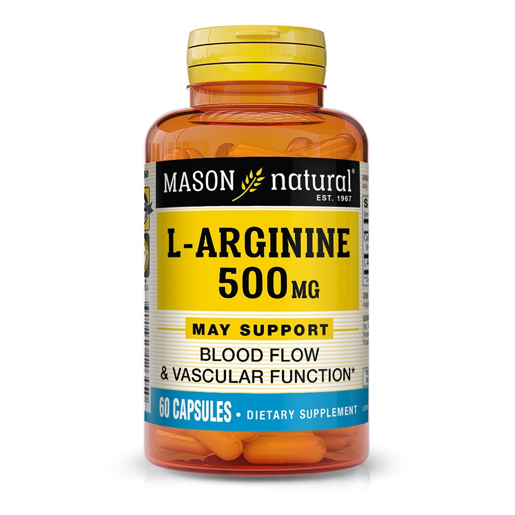 MASON NATURAL L-Arginine 500 mg 配有钙-支持健康循环和血管功能,硝氧化物补充剂,60 Capsules