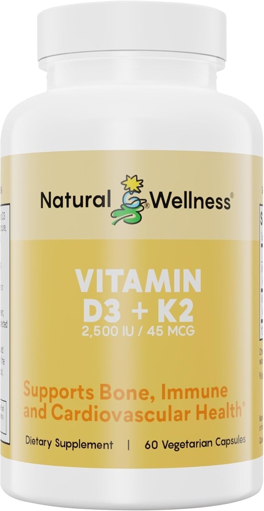 自然健康 维生素D3 + K2 – 高发性维生素D3 2500 IU & K2 MK-7 45 mcg – 支持骨强力,心脏健康,豁免和代谢 - 全一自然维冈补充,90 Capsules