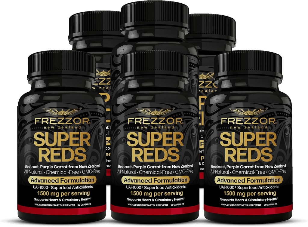 FREZZOR Super Reds Capsules with UAF1000+, All-Natural New Zealand Red Superfood Energy, Essential Red Fruits Veggies& Beets, Antioxidants, Enzymes, Energy Supplements, 540 Capsules, 6 Bottles