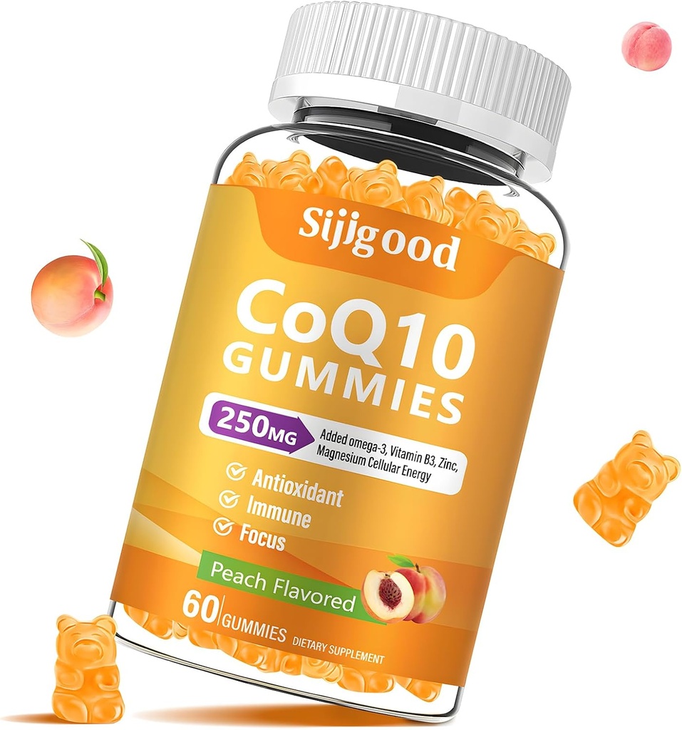 糖自由CoQ10 Gummys,Plus Omega-3,维生素B3和锌,镁,5X 高吸收共聚物Q10 补充物,q10 Boost 细胞能,Potent 抗氧化剂和大脑,桃花火药,60 Cts