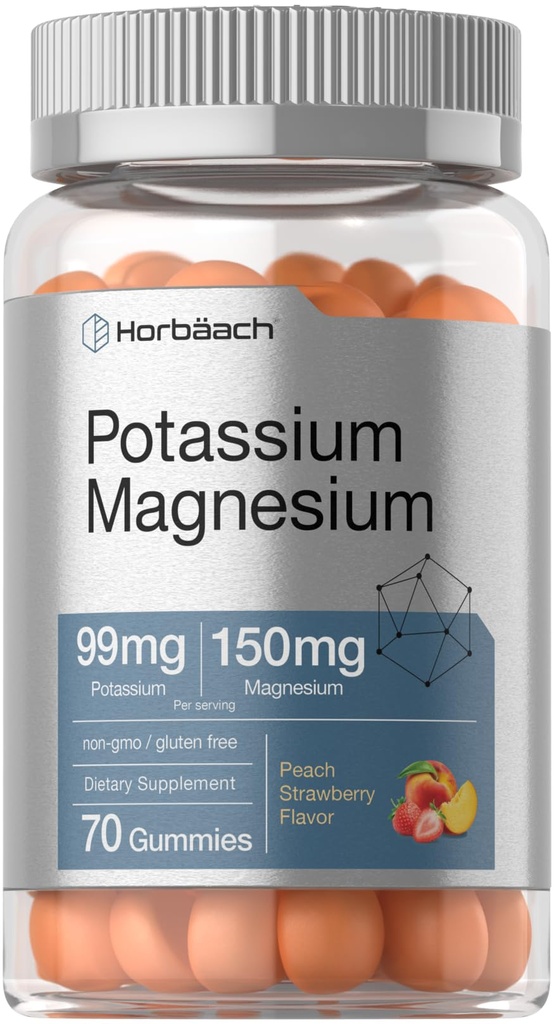 Horbäach 镁钾 补充 Gummys 桃草莓 Flavor 70 伯爵 Vegan, Non-GMO, 和 Gluten 自由公式