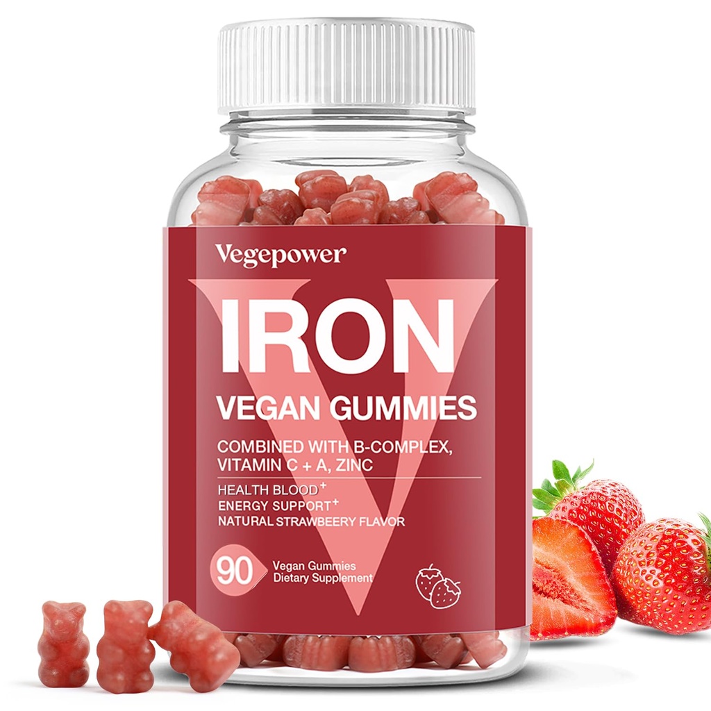 Iron Gummies Supplements for Women & Kids - Multivitamin with Vitamin C for Energy Support, Great Tasting Iron Gummy Vitamins with Vitamin C for Max Absorption - Vegan, Strawberry 90 Count