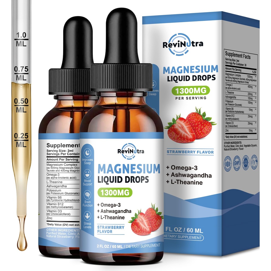 2 Pack Liquid Magnesium Glycinate Drops with Taurate & Citrate, Calm Magnesium with Omega3, L-Theanine, Potassium, Ashwagandha, Vitamin for Sleep, Muscle, Immune Health, Sugar-Free Strawberry Flavor