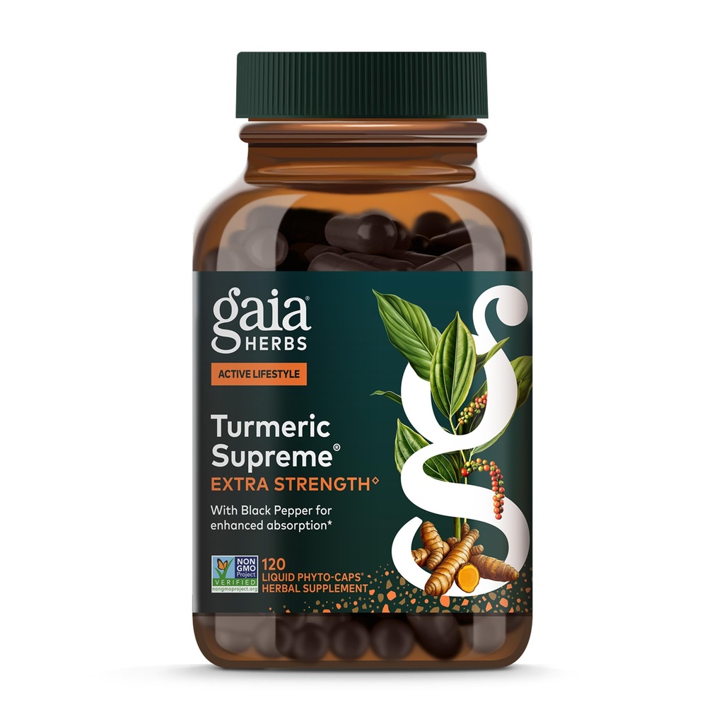 Gaia Herbs Turmeric 最高额外力量 - 支持偶尔从普通的服饰和泪水中栖息 - 配有 Turmeric Curcumin & Black Pepper - 120 Vegan 液态植物卡普尔(最多120天供应)