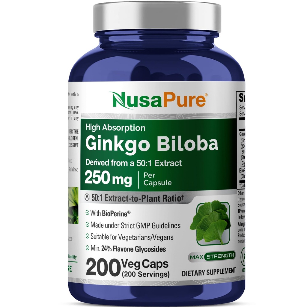 NusaPure Ginkgo Biloba 50:1 抽取物,每瓶Veggie Caps 200 Capsules(Vegetarian、N-GMO、Vegan)250毫克至12,500毫克