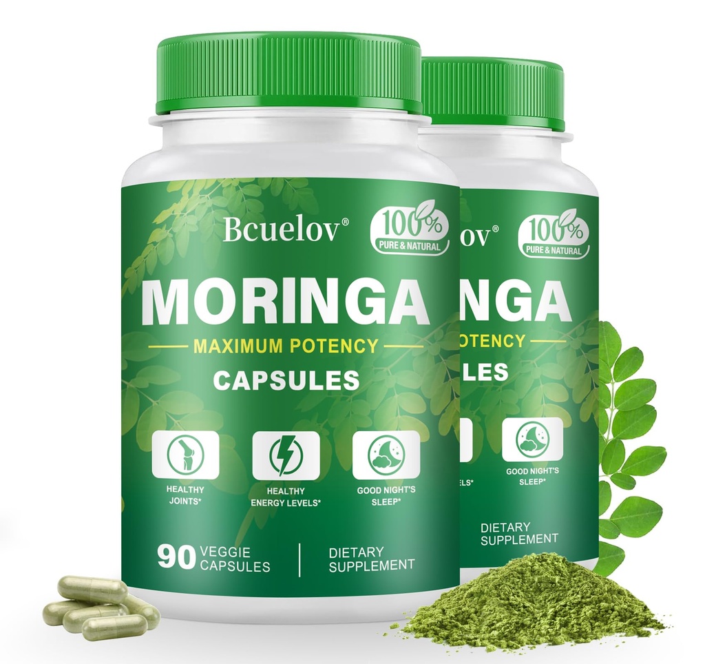 Moringa Capsules 2 瓶子 | 800mg 纯莫林加 粉末 Capsules – 支持能源,免疫支持,古特健康,绿色超食品 含有维生素和氨基酸