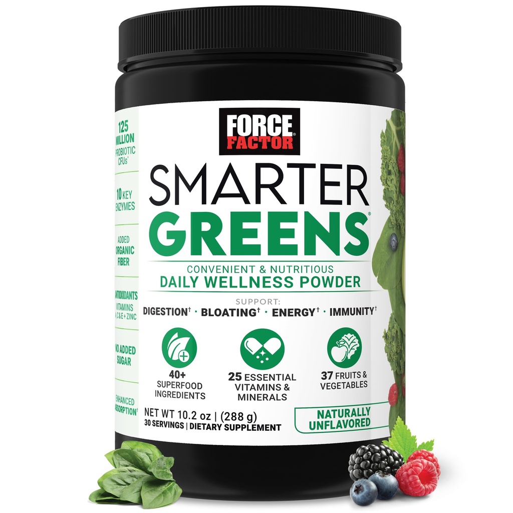 强力因素 Smarter Greens Daily Wellness Powder, Greens Superfood Powder to Support Gut Health, Bloating, & Digestion, 配有40+超级食品, 1.25亿 Probiotics, 不受欢迎, 30 种服务