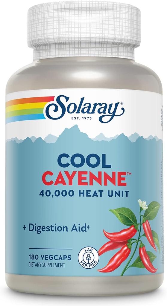 SOLARAY Cool Cayenne Pepper 40,000 HU, Cayenne Pepper Capsules, Digestion Aid, Bio-Cool Process, Lab 验证,60天钱包保证,90个服务,180个Veg Caps