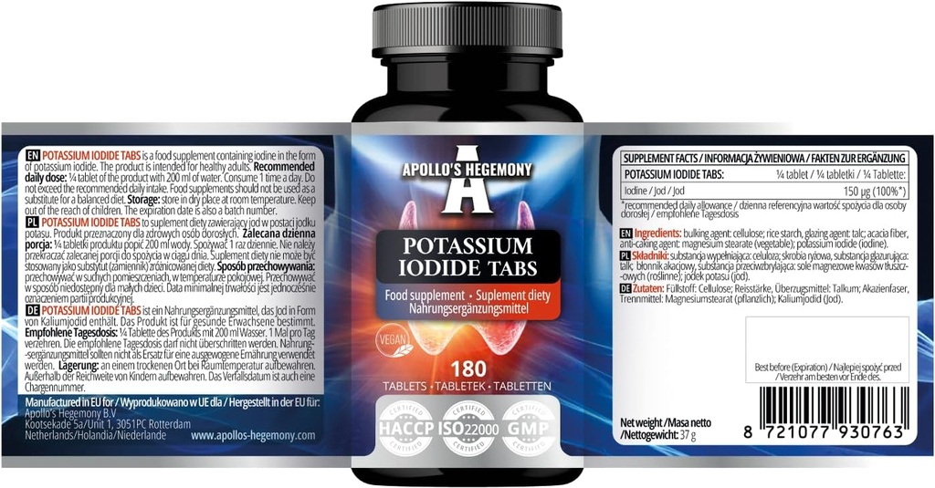 (原始内容存档于2019-09-21) (英语). Otassium Iodide 150 mcg per Portion - 180 Vegan 平板电脑 - 720 services - for Optimal Gland 函数和能量代谢 - Apollo's Hegemony 的饮食补编