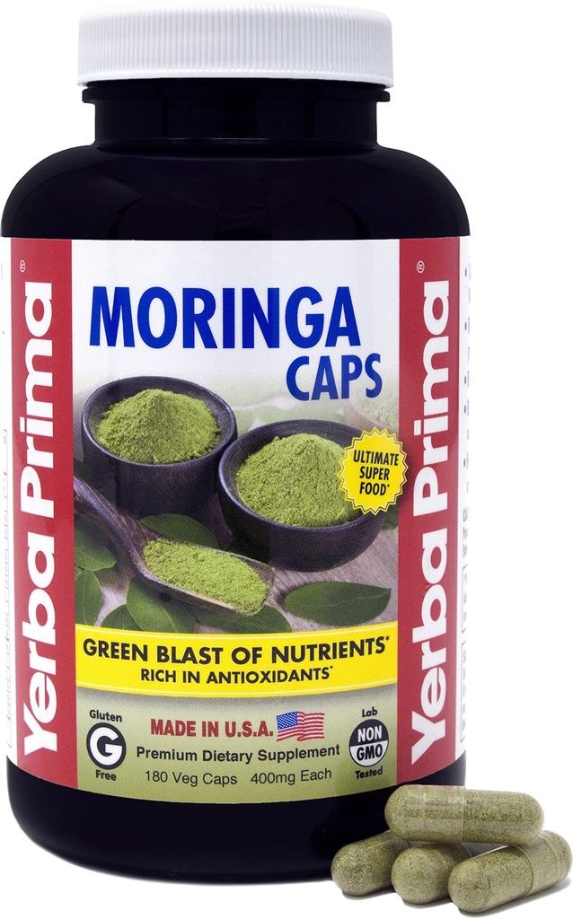 Yerba Prima Moringa,180 Veg Caps - 400 mg of Pre, Dried Leaf Powder, Green Blast of Nutrients, 富于抗氧化剂, 100%纯, 超级食品, 非GMO, Vegan友好, Gluten-Free, 美国制造