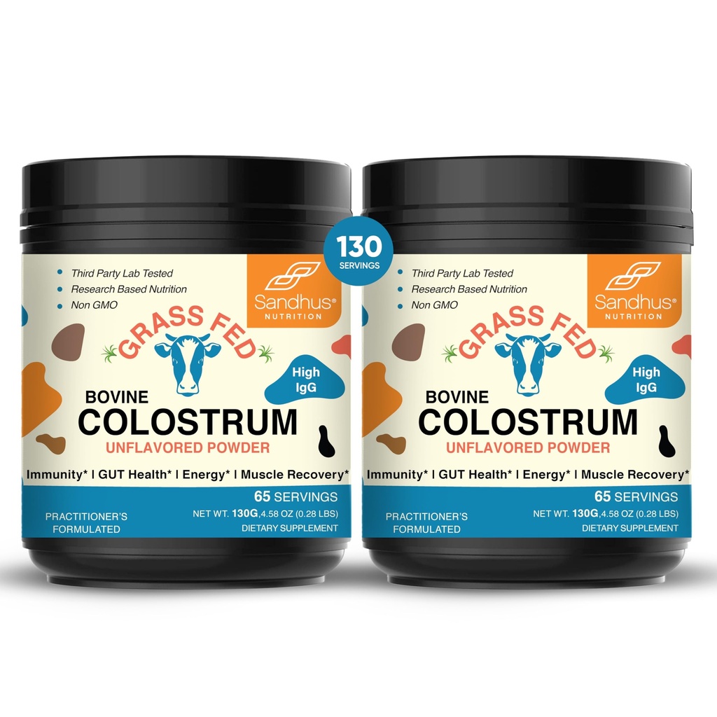 Sandhu's Grass Fed Bovine Colostrum Powder for Human, adderns {65 services (pack of 2) 牛增(High IgG for Gut Health {豁免与肌肉恢复支助}}{未受欢迎的}\ 男与女}