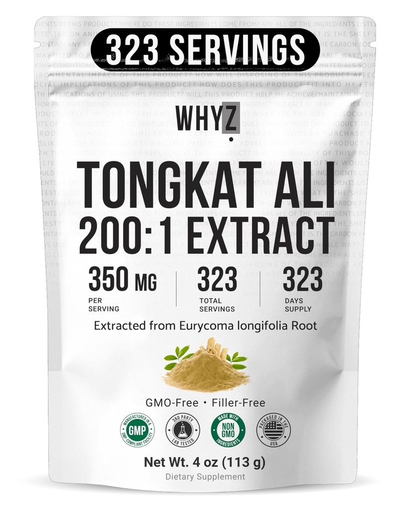 WhyZ Tongkat Ali Powder 113g,纯长条200:1 摘录 Eurycoma Longifolia 增加身体性能和福利补充粉,长条Tongkat Ali 男女服务,323人