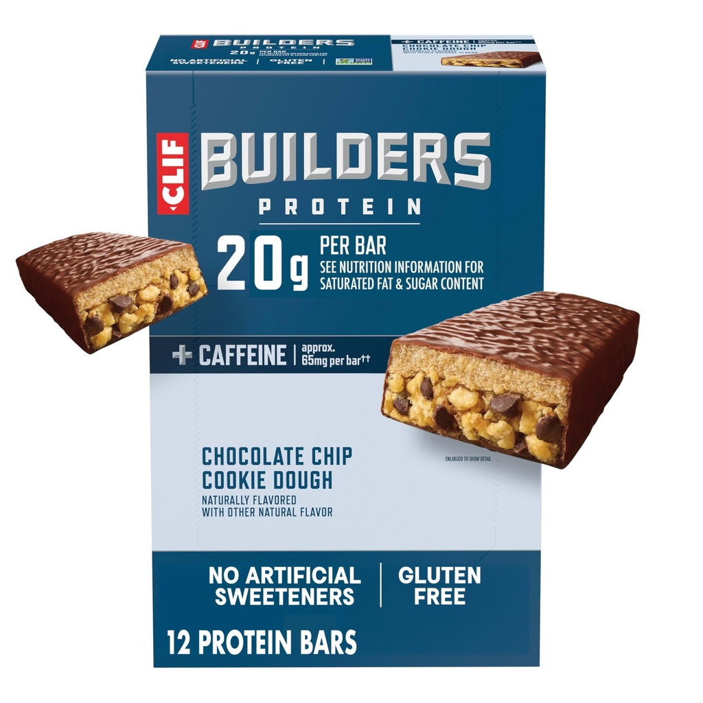 CLIF BUILDERS + 咖啡因蛋白棒 - 巧克力片 Cookie Dough Flavor - 20g 植物基蛋白 - Gluten Free - 非GMO - 低甘油 - 无人工甜甜剂 - 2.4 oz. (12包)