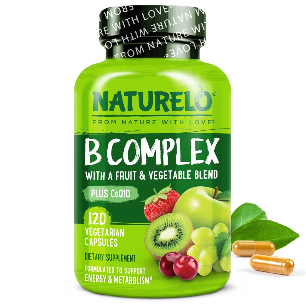 NATURELO 维生素B 复合体,120 Capsules, Vegan, CoQ10, Methy Folate, Biotin, 水果和蔬菜混合体, 支持能量和健康应激反应, 超B 复合体男女维生素