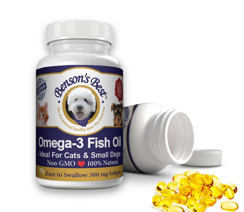 Benson's Best Omega 3 Fish Oil for Cats & Small Dogs - 200 Softgels 500mg - 43% More Omega 3 Fatty Acids than Salmon Oil - 100% pure, Non-GMO,天然宠物食品狗鱼油补充品