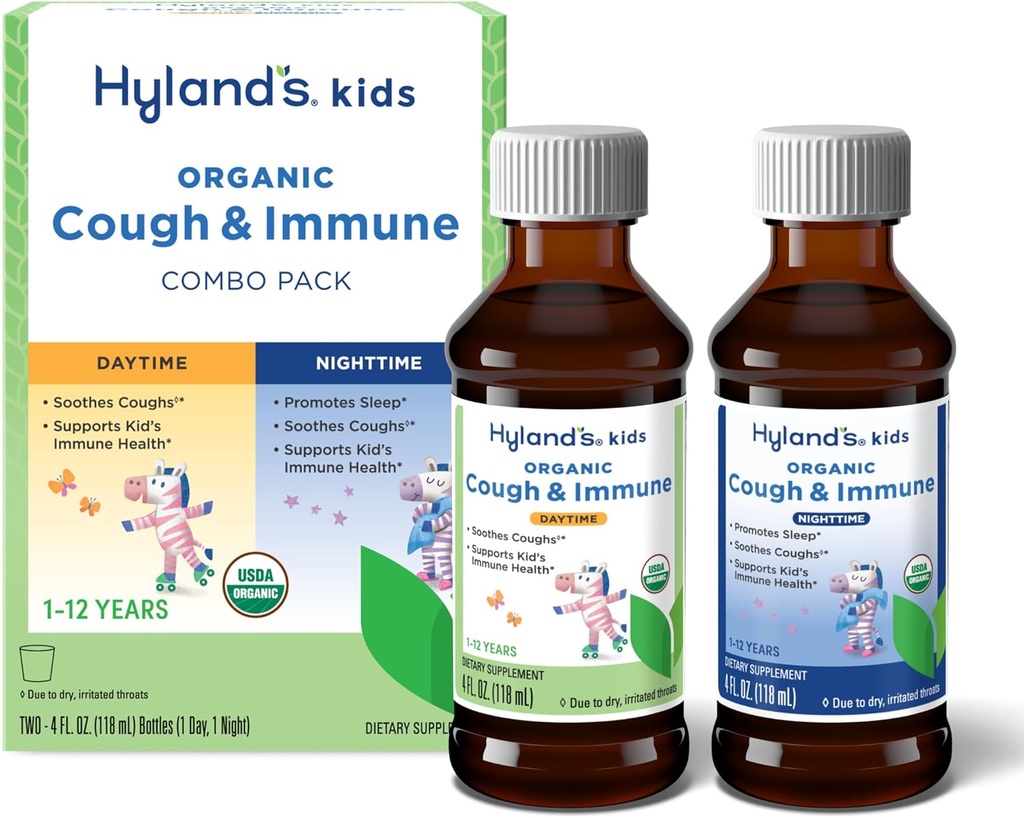 Hyland's Kids Organization Cough and Immune Day and Night Combo Pack, Eases Coughs, 支持豁免, 促进睡眠, 2 4 Fl Oz. Bottles (8 fl oz).