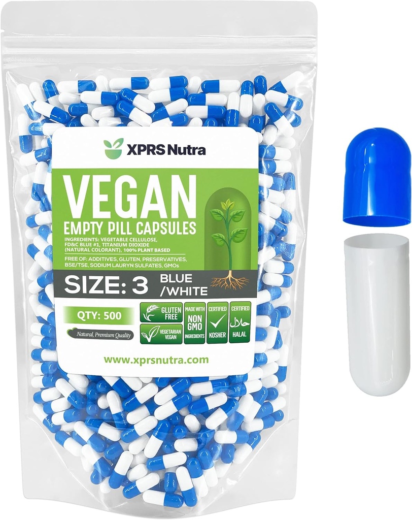 XPRS Nutra 大小 3 空盖-500 空盖-500 伯爵 Vegan Capsules - 蔬菜药丸 - DIY 蔬菜药丸填充 - 蔬菜药丸(蓝色/白色)