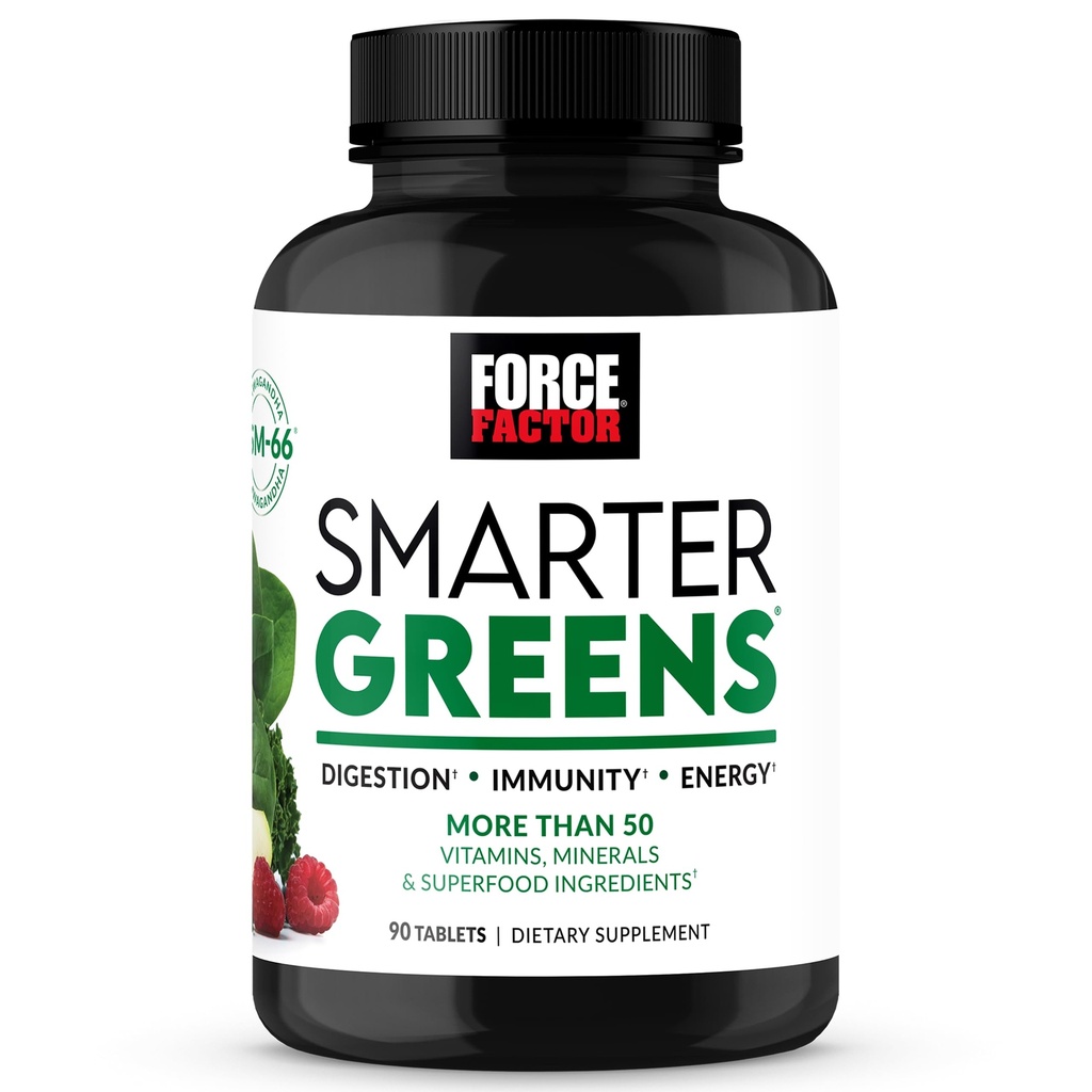 FORCE FACTOR Smarter Greens Plaints,配有25+超食品和抗氧化剂的Greens Supplements,用于改进文摘,减轻压力,加强豁免和支持代谢,90平板