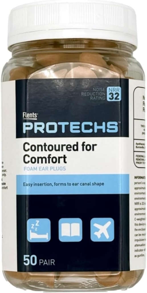 Flents Protechs 可处置泡沫耳插管, Contoured for Comfort, Ideal for work, loud noise, 重型机械, 建筑, 学习,射击和旅行, NRR 32, Beige, 易用, 50 Pair
