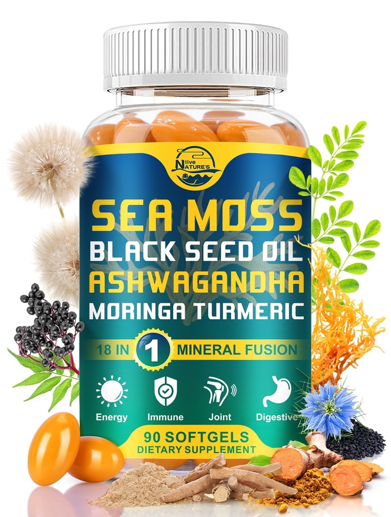 自然活的有机海 Moss软胶,有黑种子油, Ashwagandha, Bladderwrack, Ginger, Burdock Root, Manuka Honey, 肉桂用于免疫系统, 皮肤, 能量, 90软胶, 1 Pack