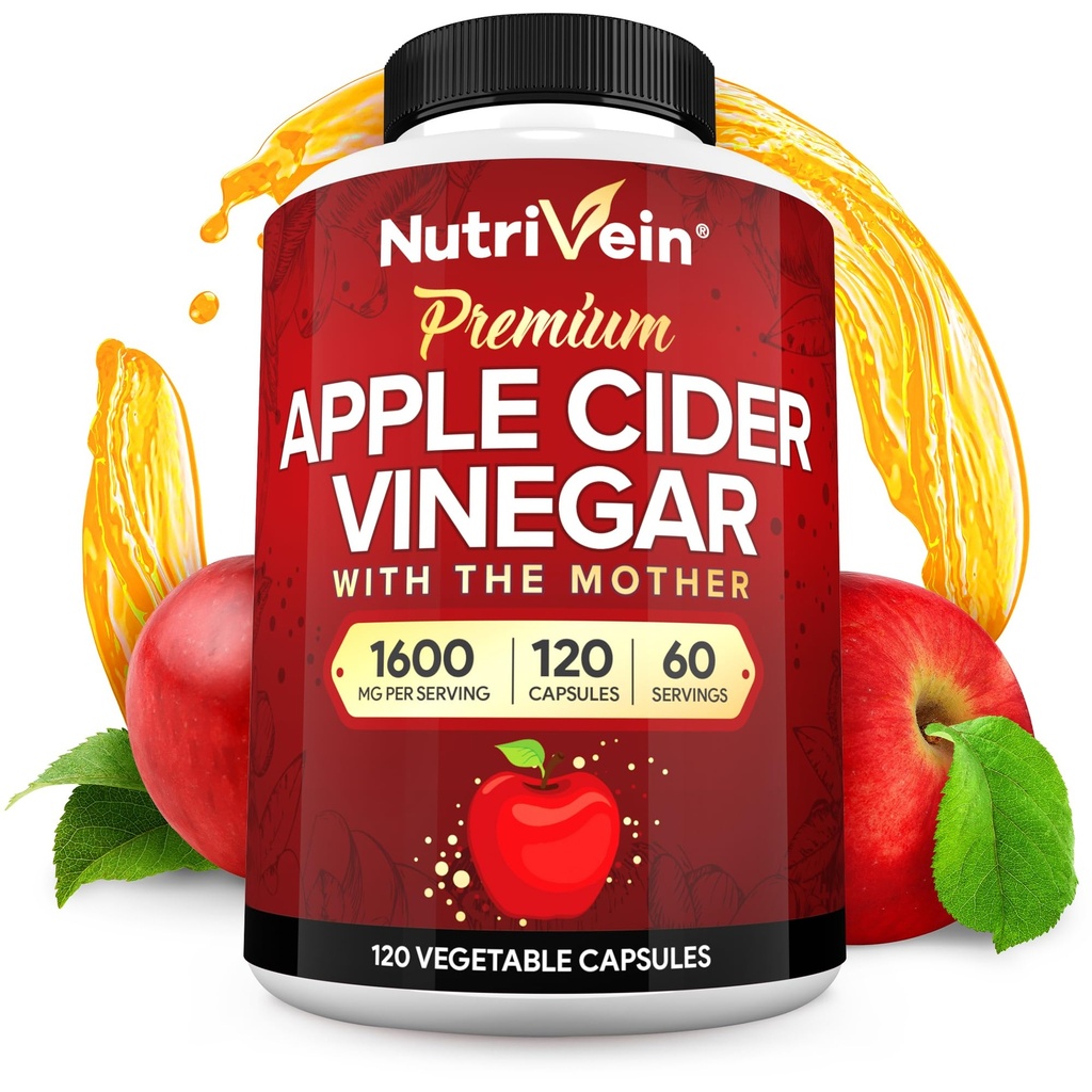 配有母亲的Nutrivein Premium Apple Cider Vinegar 补充剂 - 1600 mg - 120 Apple Cider Vinegar Capsules: ACV 消化药, Keto, 清洁剂和平衡营养
