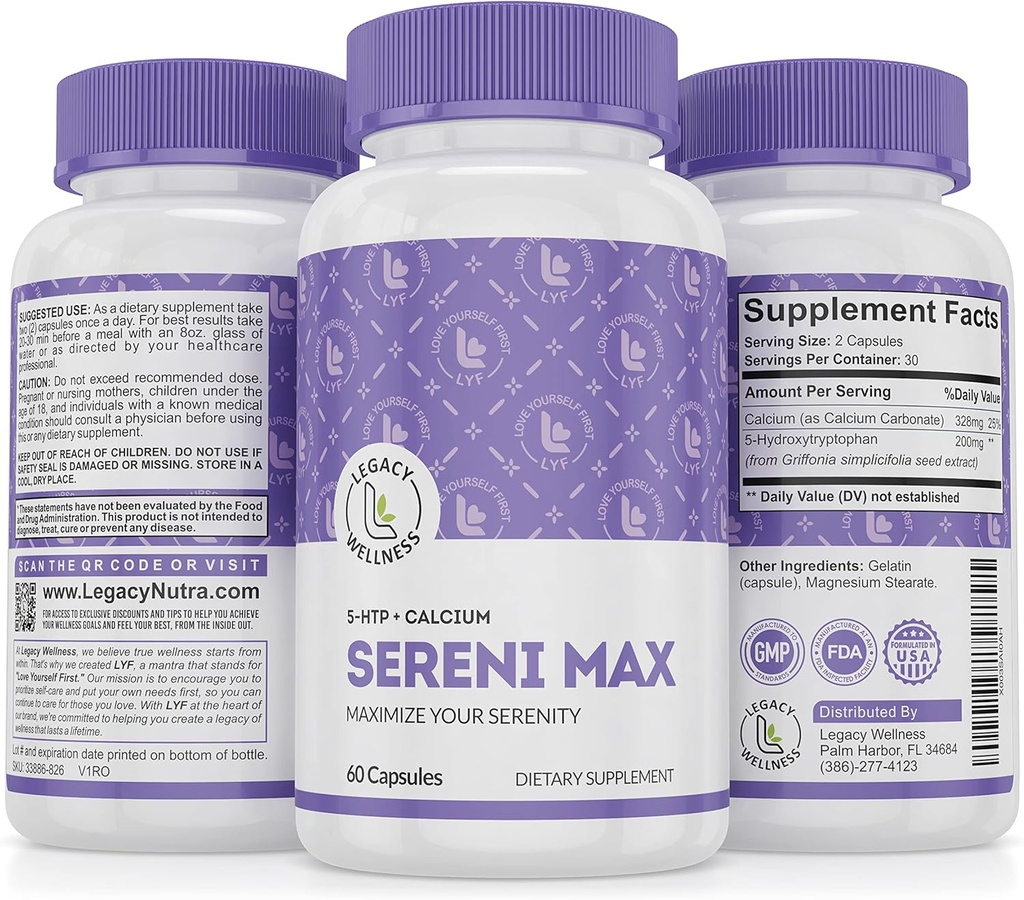 SERINI-MAX - 5-HTP Mood支持补充 + Calcium - 支持冷静与和平的心智状态 - Boost Serotonin, 5HTP 200mg 压力管理和睡眠支持补充 – 60 Capsules