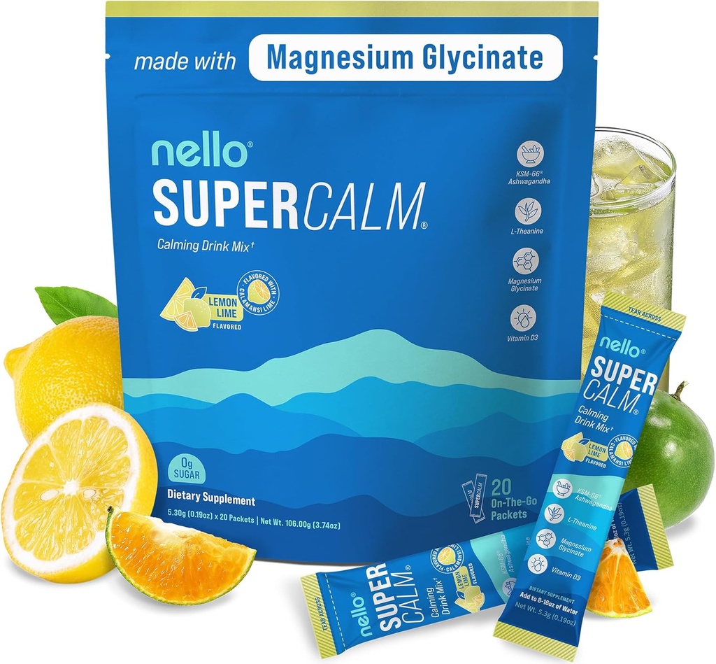 Nello Supercalm Drinking Mix - Ashwagandha KSM 66, Glycnate 镁和L-Thenine 补充,维生素D3 - Ashwagandha 根提取 - 聚焦和放松支持(20 旅行包) - 柠檬液