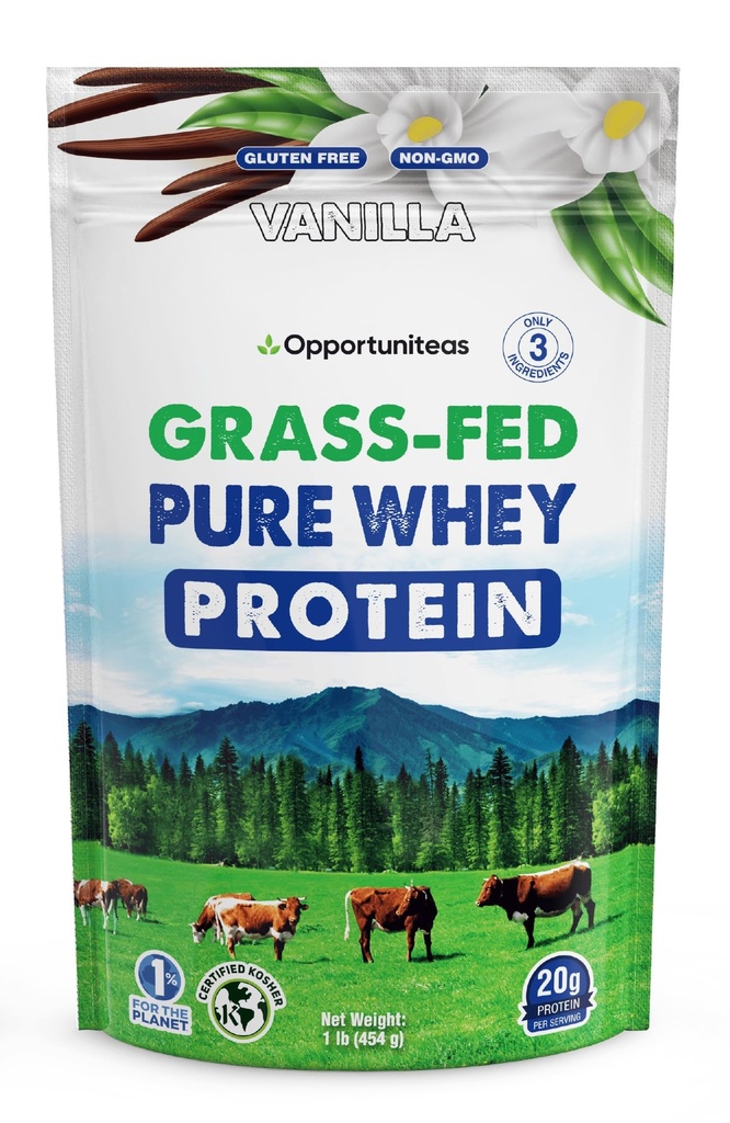 Opportuniteas Grass Fed Whey蛋白粉集中 - 香草 - 纯蛋白补充 - 非 GMO, Hormone Free & Gluten Free - 1lb