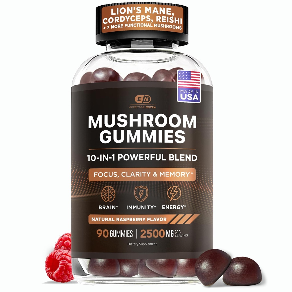 有效的Nutra蘑菇Gummys 2500mg - 1 0in1 Lion's Mane, Reishi, Chaga, Cordyceps & More - Focus, Clarity, Memory, 免疫,能源 - Natural Raspberry Flavor, Vegan, Made in USA (90 Counter) (英语).