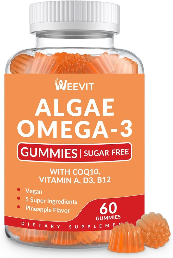 免糖Omega 3 Gummys, Algae Omega 3 成人补充剂,Omega 3 DHA 240mg, EPA 110mg w/维生素B12, CoQ10