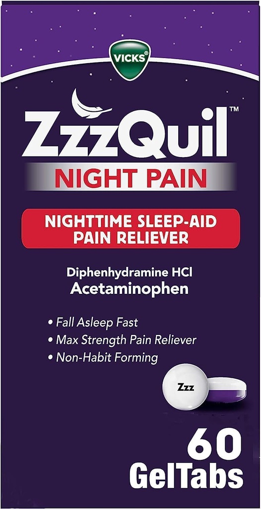ZzzQuil Night Pain GelTabs, 夜间止痛药,睡眠援助药片,二苯胺HCl和乙酰胺酚,第1号睡眠援助品牌, Max 强止痛药, 60 GelTabs