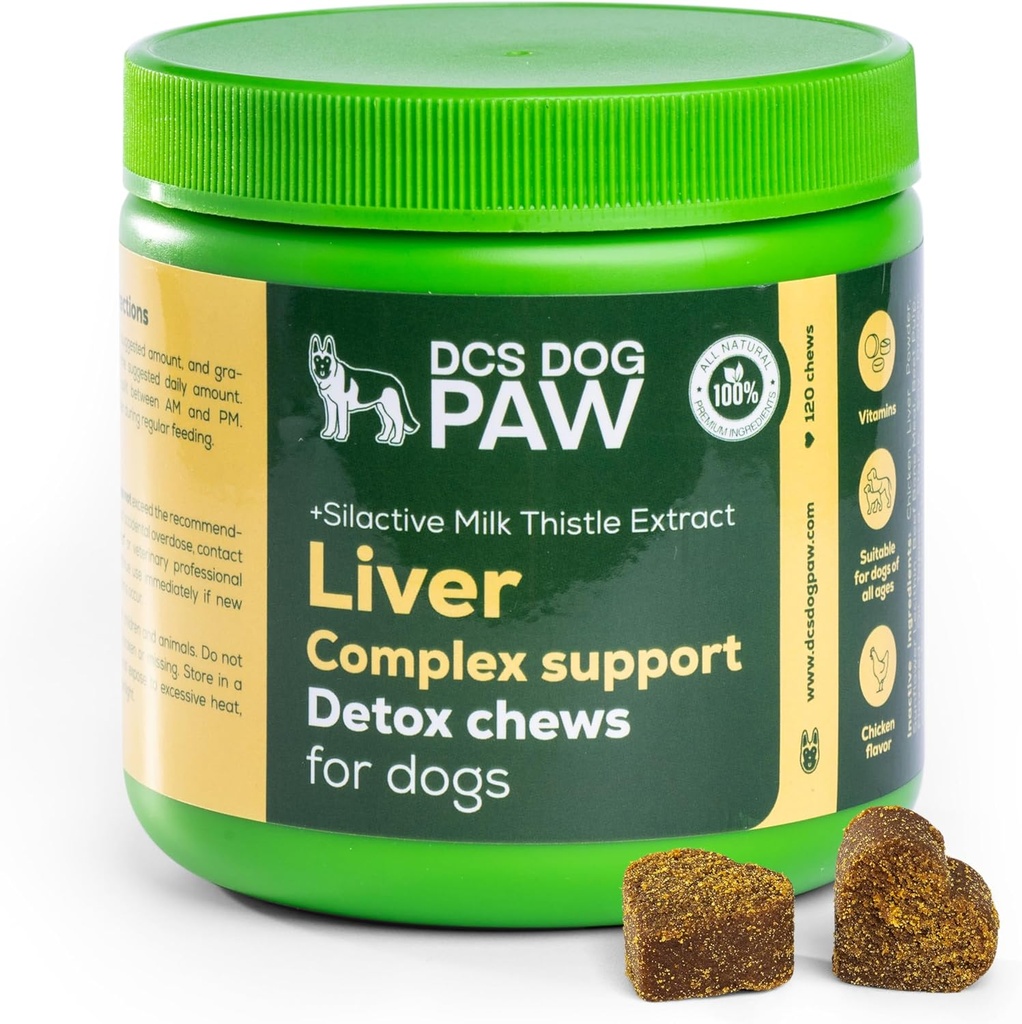 Liver & Kidney 补充狗Detox Chews, 为狗健康提供高水平的牛奶硝酸盐提取物的复杂支持, 为所有狗饲养提供120个鸡肉
