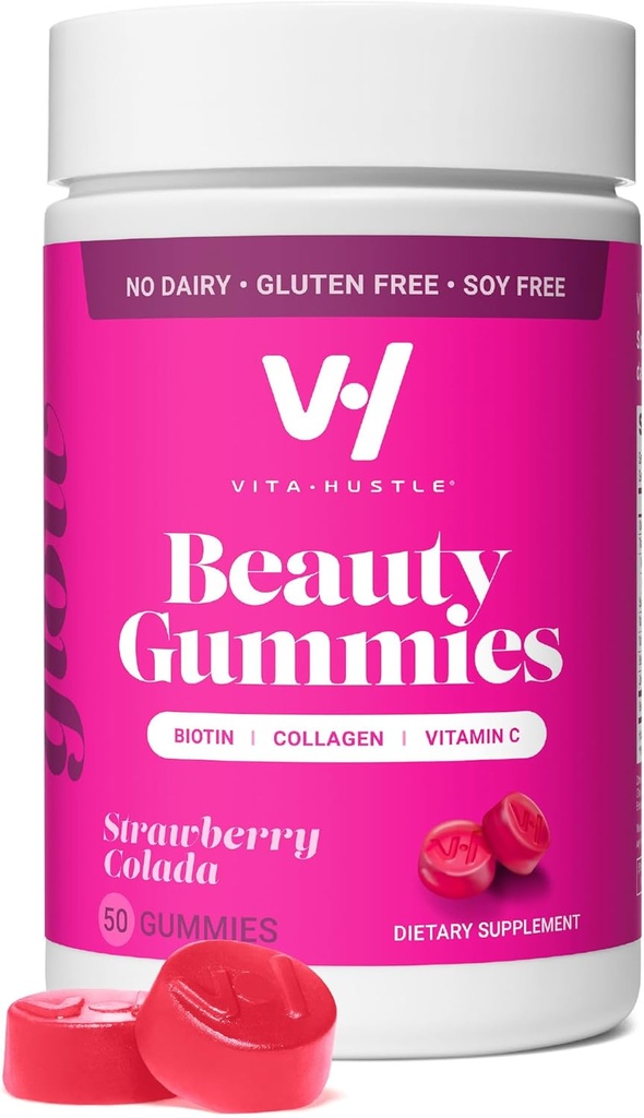VitaHustle Beauty Gummys, 2500 mcg Biotin, 100 mg Collagen, 维生素C, B-Complex, 强发, 皮肤钉, 低糖, 非转基因生物, 草莓科拉达, 50 计数