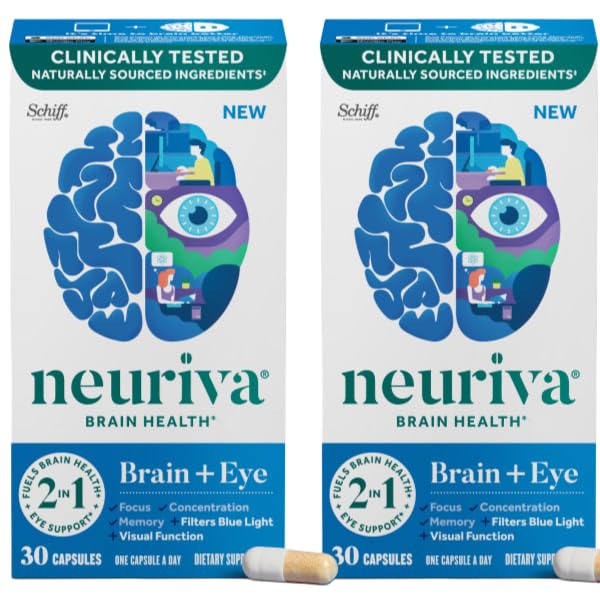 NEURIVA Brain + Eye 补充内存、焦点和浓度,临床测试的Lutein和Zeaxanthin,维生素A C & E + 锌用于眼部健康与过滤蓝光 30 Counter Capsules (2 Pack)