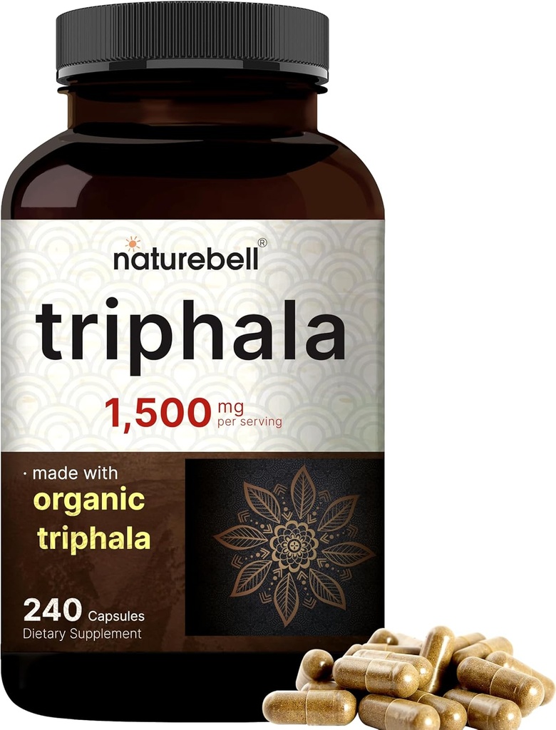 NatureBell Triphala Capsules Supplement, 1500 mg Pervice 使用有机安拉、比比塔基、Haritaki 水果粉 – 支持消化性健康 – 双强,非GMO