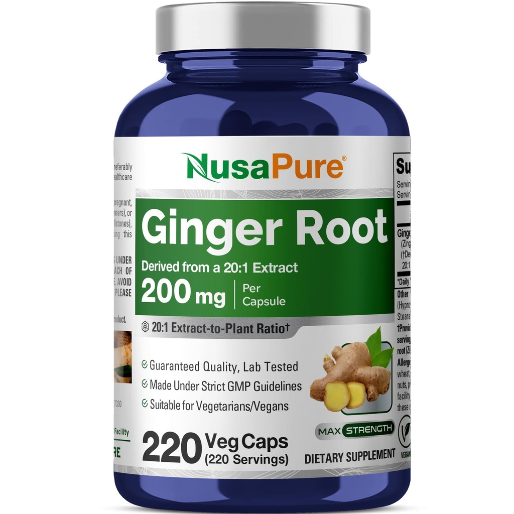 NusaPure 姜根盖 20:1 提取物,200毫克,每瓶Veggie Caps 4000毫克 220 计数 | 非GMO