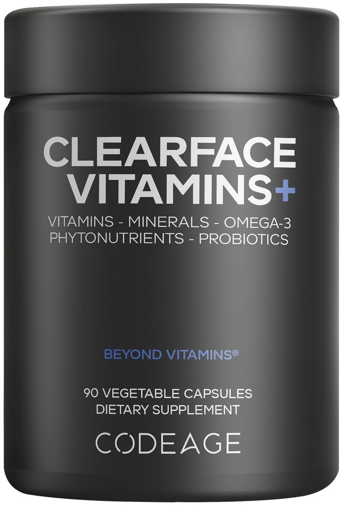 编码 清面 泛神酸 Niacin 补充 维生素 A, C, D3, E, Probiotics, Zinc, Ribolavin, Thiamin, L-Lysine HCL & Omega-3, Niacinamide, Skin 植物混合物 - 非GMO - 90 Capsules
